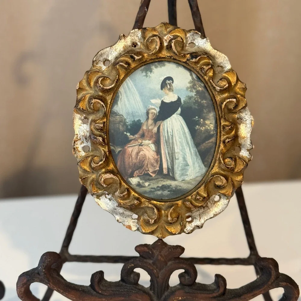 Vintage G.B. Florence Italy Hilaire Reading Miniature Gold Florentine Oval Frame